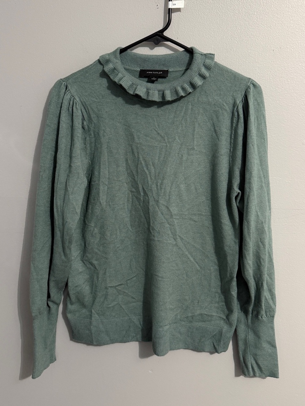Ann Taylor Sweater Womens Large High Neck Ruffle Collar Sage Green Soft Knit
